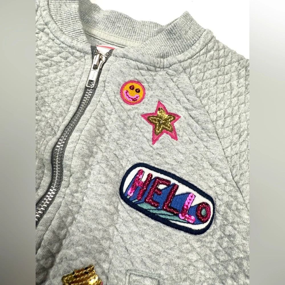 GYMBOREE Girls Sequin Patch Bomber Jacket S Hello Fries Smiley Face‎ Girly Fun